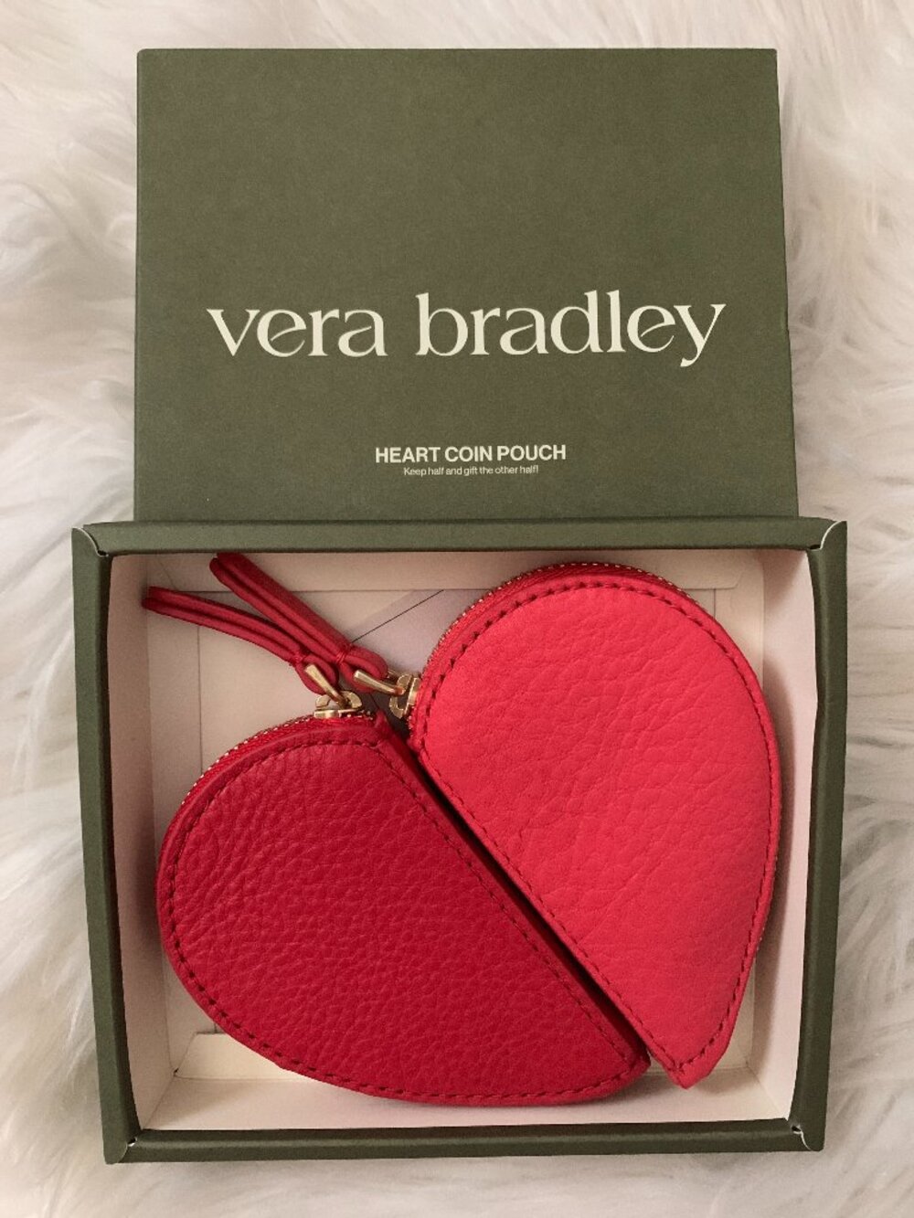 VERA BRADLEY Pebble Leather Heart Coin Pouch in Goji Berry Red